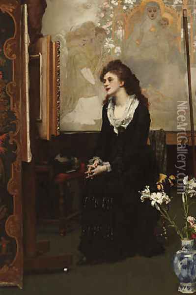 A Young Woman Views a Painting on an Easel in Front of a Cartoon Oil Painting - Karl Gussow