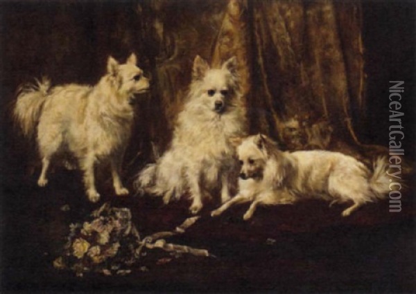 Three Pomeranians In An Elegant Interior Oil Painting - Camille Flers