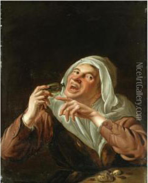 A Woman Drinking From A Phial Oil Painting - Petrus Staverenus