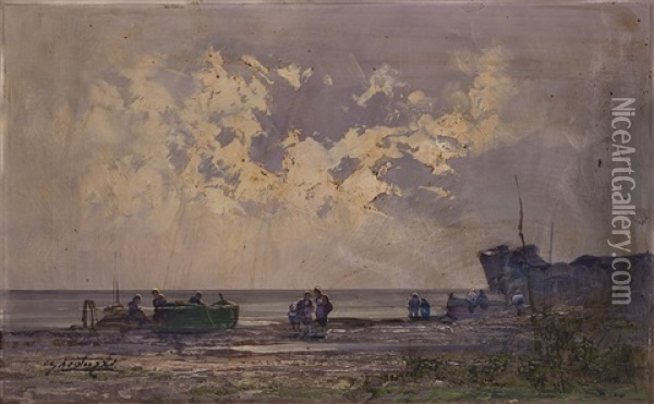 Barche E Figure Sulla Spiaggia Oil Painting - Cesare Gheduzzi