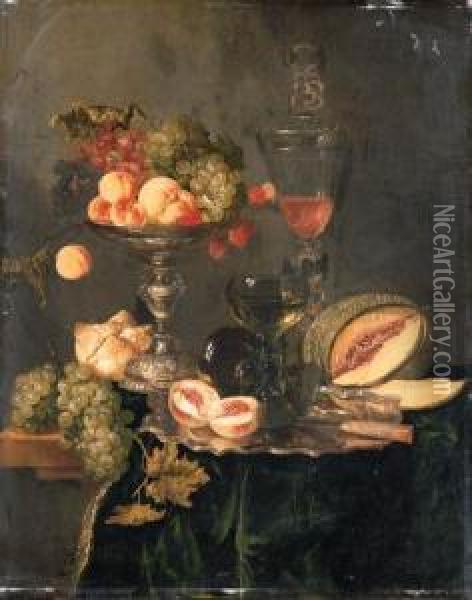 Nectarines, Peaches, Grapes And 
Raspberries On A Silver Tazza, Tworoemers And A Sliced Peach With A 
Knife On A Silver Plate, A Melon,a Bread Roll And A Wine Glass On A 
Table Draped With A Green Velvetcloth Oil Painting - Abraham Hendrickz Van Beyeren
