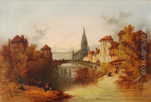 View Of A Riversidetown Oil Painting - Henry John Foley