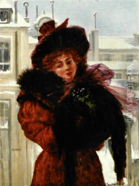 Elegant Dame Holdende En Buket Af Violer Oil Painting - Adolphe Lalire LaLyre