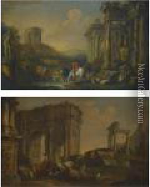 A Pair Of Capricci Views With Roman Ruins And Peasants Amongsttheir Livestock Oil Painting - Giovanni Niccolo Servandoni