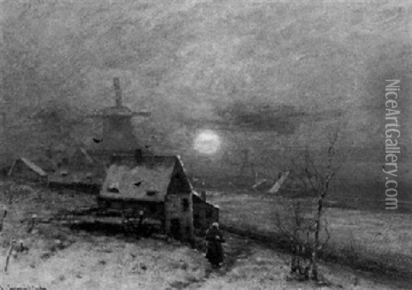 Winterlicher Sonnenuntergang In Einem Hollandischen Dorf Oil Painting - Johann Jungblut