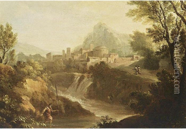 Bloemen An Italianate Landscape With A Waterfall And A Village In The Background Oil Painting - Jan Frans Van Bloemen (Orizzonte)