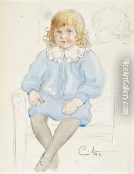 Auf Einem Fauteuil Sitzender Junge In Einem Blauenkleid. Daneben Kopfstudie Oil Painting - Carl Larsson