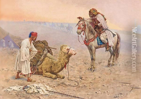 A Horseman Stopping At A Desert Camp, North Africa Oil Painting - Giulio Rosati