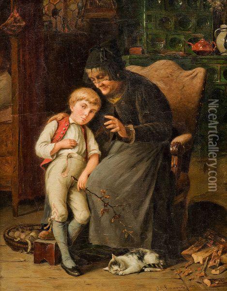 Grandmother With Child Oil Painting - Julius Simmonds