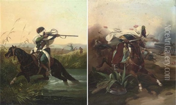 An Arab Cavalry Charge (+ A Pot-shot On The Retreat; Pair) Oil Painting - Victor-Jean Adam