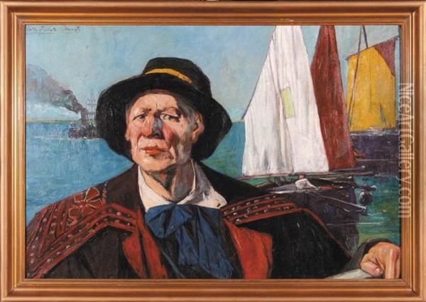 Autoportret Z Morzem W Tle Oil Painting - Ludwik Stasiak