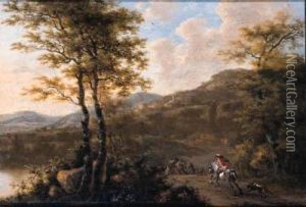 A Sportsman And A Muleteer On A Road, In An Italianatelandscape Oil Painting - Willem de Heusch