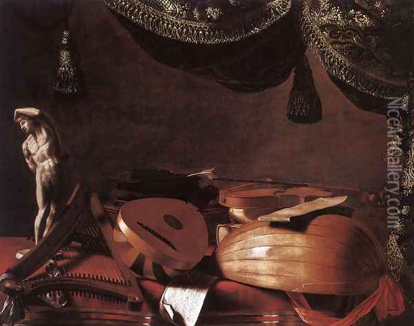 Still Life With Musical Instruments And A Small Classical Statue 1645 Oil Painting - Evaristo Baschenis