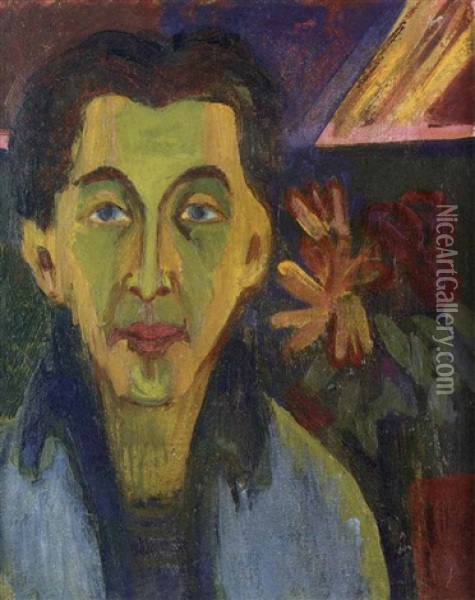 Kopf Mit Blumen (funf Kinder Vor Dem Haus, Verso) Oil Painting - Ernst Ludwig Kirchner