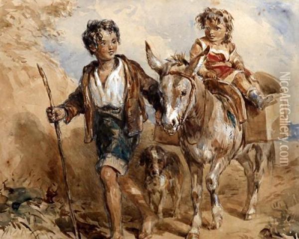 Children With Donkey And A Dog On A Pathway Oil Painting - John Frederick Tayler