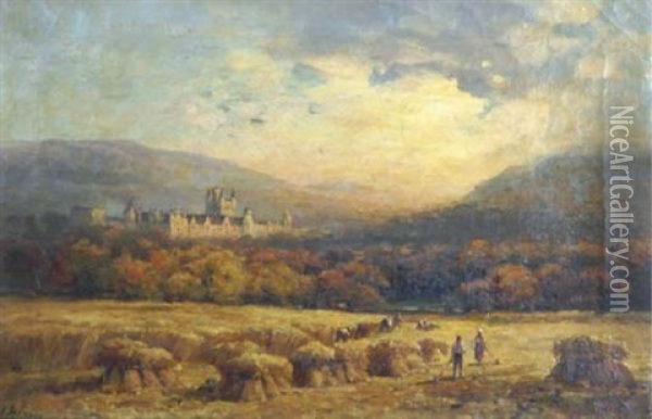 View Of Balmoral Castle With Figures Harvesting In The Foreground Oil Painting - Andrew Melrose