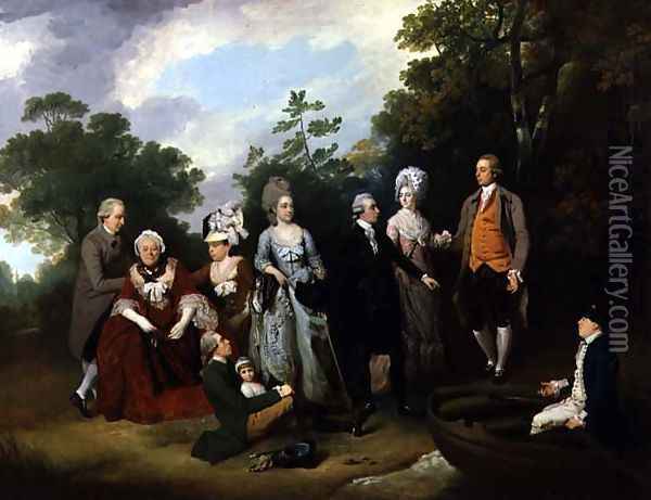 The Oliver and Ward Families in a Garden, c.1788 Oil Painting - Francis Wheatley