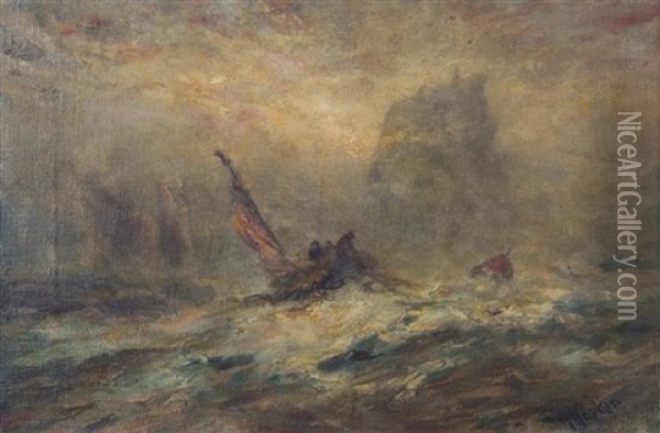 Ship Bearing Down On Fisherman In Storm Oil Painting - Robert B. Hopkin