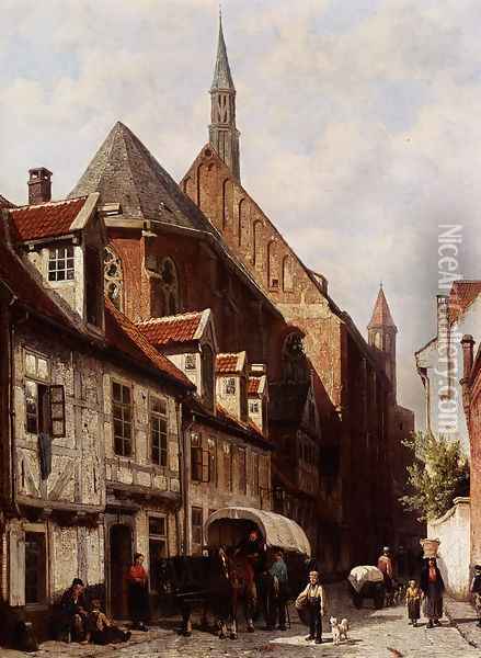 A Busy Street In Bremen With The Saint Johann Church In The Background Oil Painting - Cornelis Springer