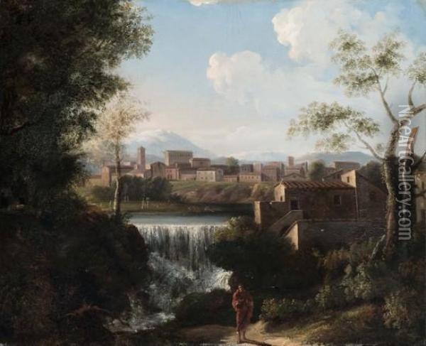 Paesaggio Boschivo Con Borgo E Cascata Oil Painting - Pieter van Bloemen