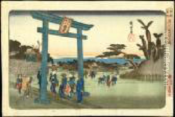 Tomigaoka Hachiman Shrine Atfukagawa Oil Painting - Utagawa or Ando Hiroshige