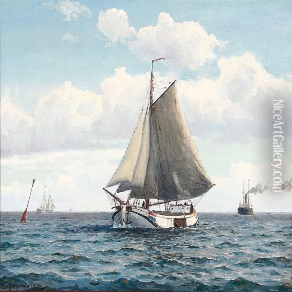 Seascape With Ships On Open Sea Oil Painting - Christian Benjamin Olsen