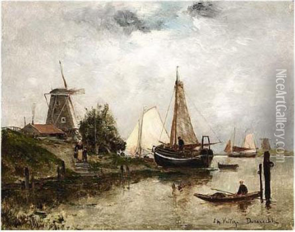 Boats On A River Near Dordrecht Oil Painting - Etienne Maxime Vallee