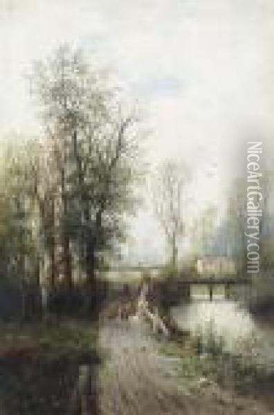 Flusspartie Mit Schaferin Und Tieren Auf Dem Uferweg. Oil Painting - Karl Kaufmann