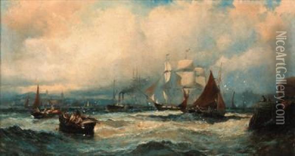 A Paddlesteamer And Three Master Running Down The Thames Atgravesend Oil Painting - William A. Thornley Or Thornber