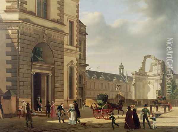 The Entrance to the Musee de Louvre and St. Louis Church, 1822 Oil Painting - Etienne Bouhot