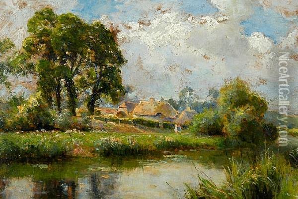 Children Before Cottages On The River Bank Oil Painting - Ernst Walbourn