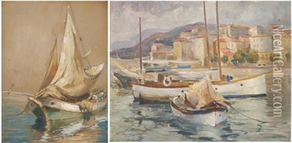 Port De Menton (+ Pecheur Affalant Ses Voiles; 2 Works) Oil Painting - Jacques Madyol