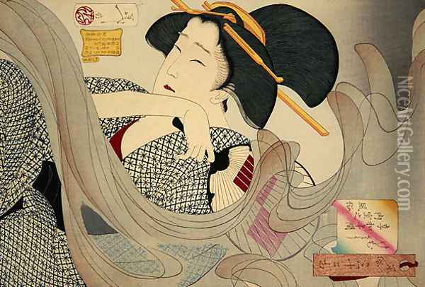 Looking Smoky. A Housewife of the Kyowa Era Kemuso Kyowa nenkan naishitsu no fuzoku, 1880 Oil Painting - Tsukioka Yoshitoshi