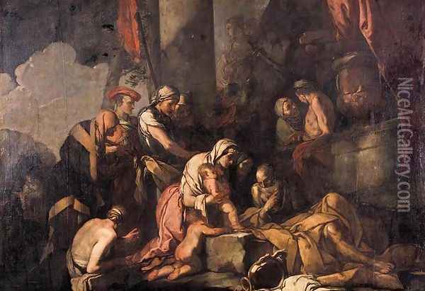 Liriope Bringing Narcissus before Tiresias 1660s Oil Painting - Giulio Carpioni
