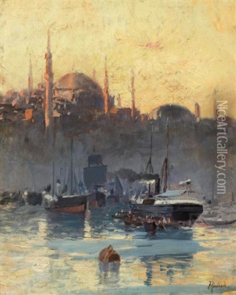 Hafen Von Istanbul Mit Blick Auf Die Suleymaniye-moschee Oil Painting - Franz Roubaud