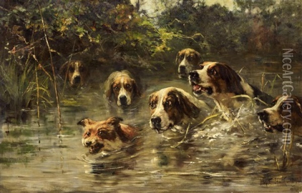 Schwimmende Hundemeute Hinter Einem Fuchs Oil Painting - John Frederik Hulk the Younger