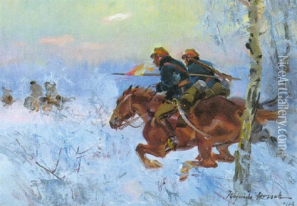 Kavalleristen Im Winterwald Bei Der Verfolgungesjagd Oil Painting - Woiciech (Aldabert) Ritter von Kossak