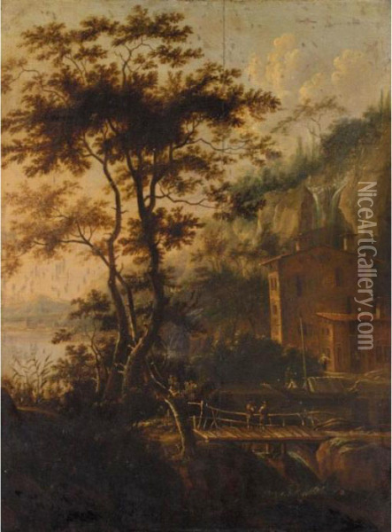 A River Landscape With Two Men On A Bridge With A House And Waterfall Beyond Oil Painting - Jan Gabrielsz. Sonje