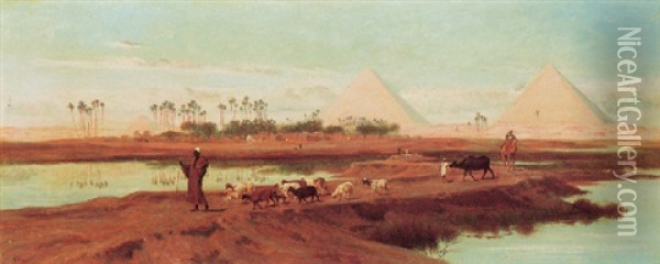 A Shepherd With His Flock Crossing The Nile, The Pyramids Beyond Oil Painting - Frederick Goodall