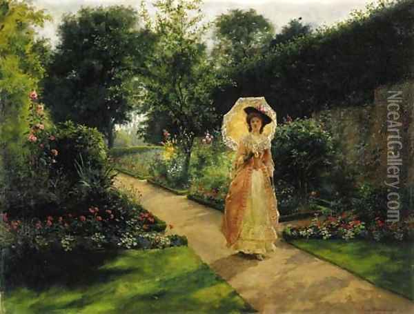 A Garden Stroll Oil Painting - Jennie Augusta Brownscombe
