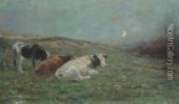 Lying Cows In Moonlight Oil Painting - Henri Van Muyden