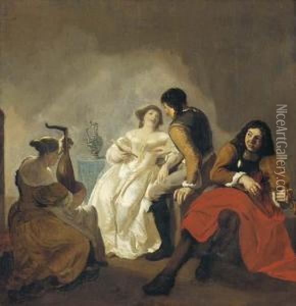 Elegant Company Making Music In An Interior Oil Painting - Jacob Ochtervelt