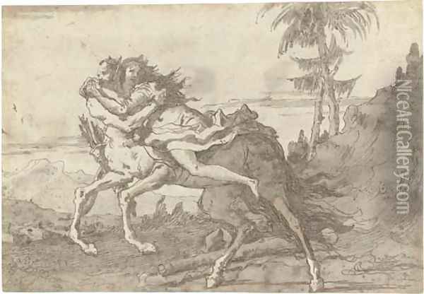 A centaur abducting a nymph in a landscape Oil Painting - Giovanni Domenico Tiepolo