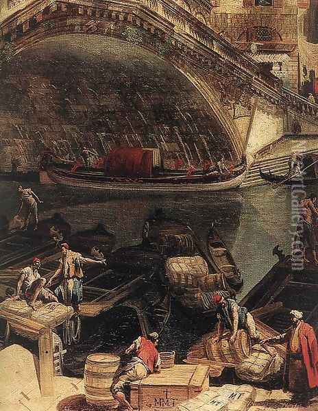 The Rialto Bridge in Venice (detail) c. 1740 Oil Painting - Michele Marieschi