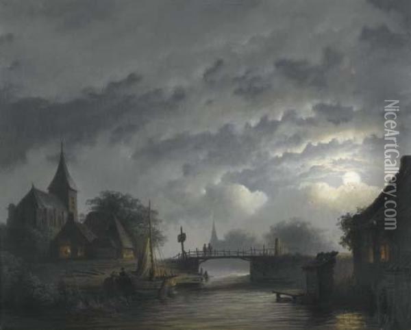 River Landscape In The Moonlight. Oil Painting - Pieter Hendrik Jonxis