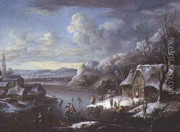 Winter Scene with Numerous Figures Oil Painting - Johann Christian Vollerdt or Vollaert