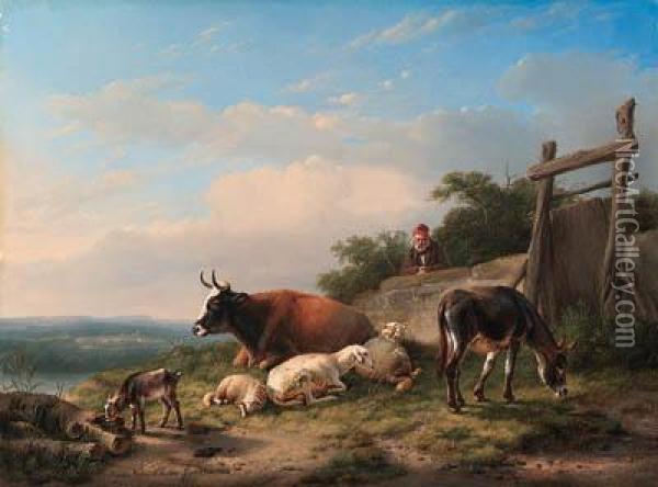 A Farmer Tending His Animals Oil Painting - Eugene Joseph Verboeckhoven
