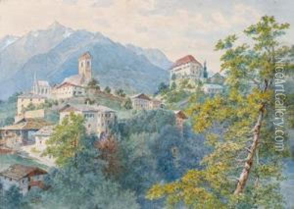 Schenna Castle Near Meran Oil Painting - Heinrich Carl Schubert