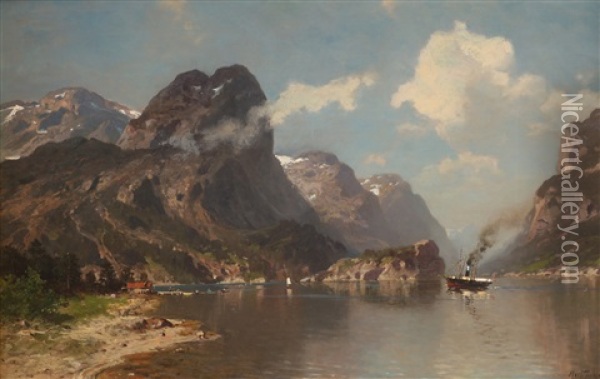 Fjordlandskap Med Dampbat Oil Painting - Morten Mueller