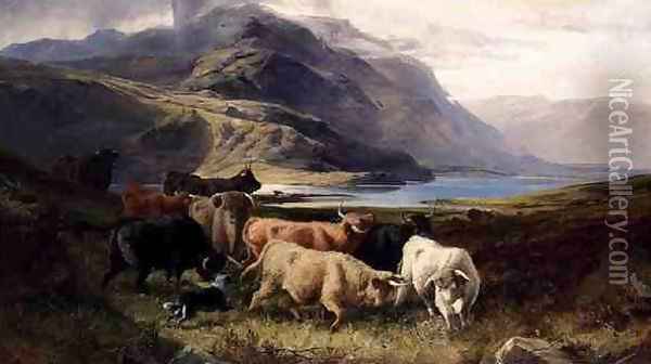 Highland Cattle with a Collie Oil Painting - Joseph Adam